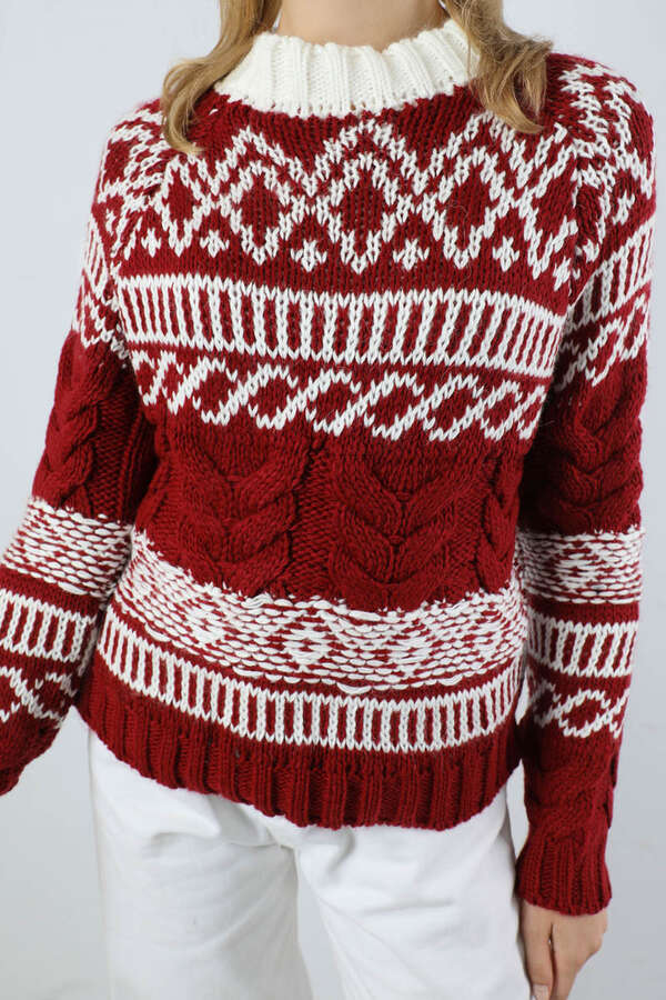 Desenli Kısa Kazak Bordo - 2