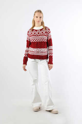 Desenli Kısa Kazak Bordo - 3