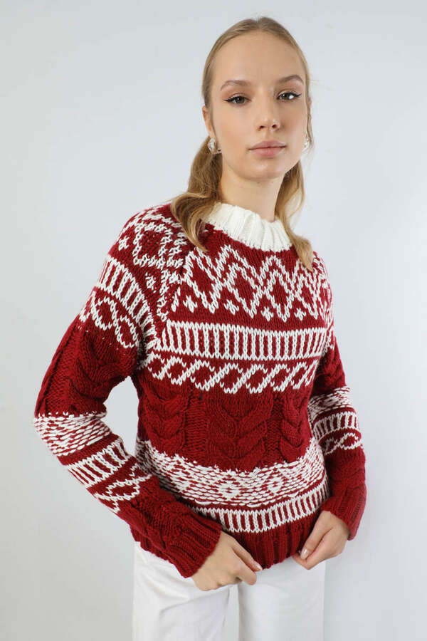 Desenli Kısa Kazak Bordo - 4