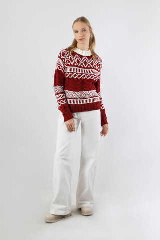 Desenli Kısa Kazak Bordo - 5