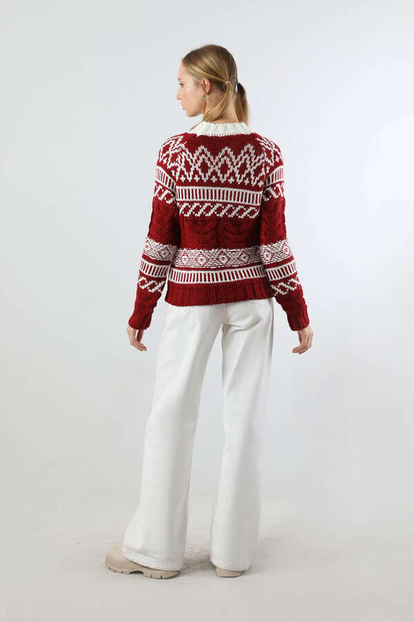 Desenli Kısa Kazak Bordo - 6