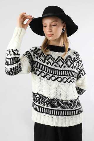 Desenli Kısa Kazak Ekru - 4