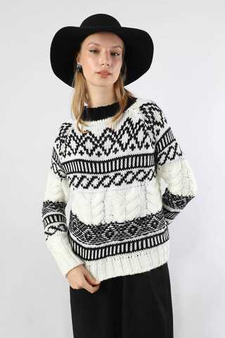 Desenli Kısa Kazak Ekru - 3