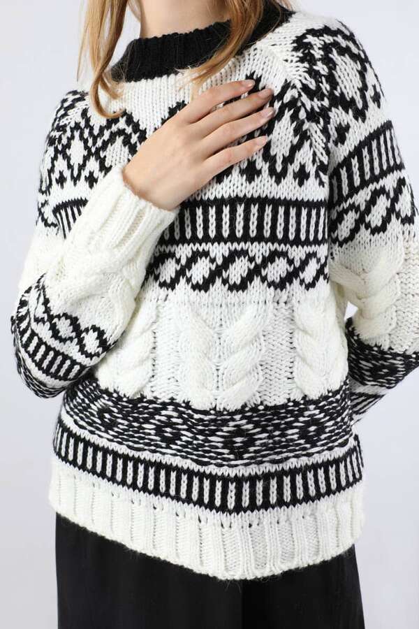 Desenli Kısa Kazak Ekru - 5