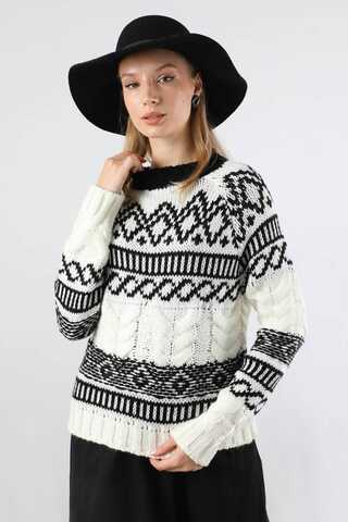 Desenli Kısa Kazak Ekru - 1