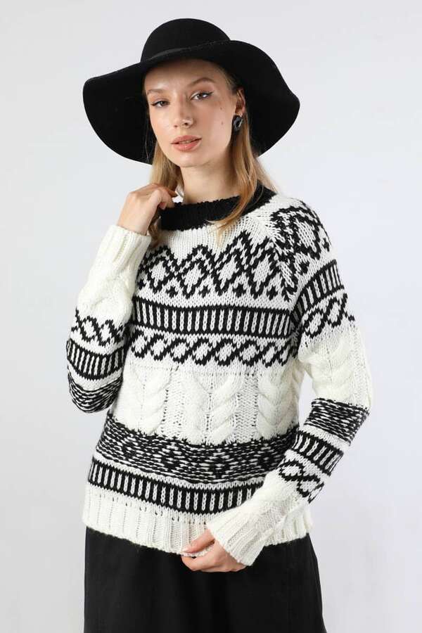 Desenli Kısa Kazak Ekru - 1