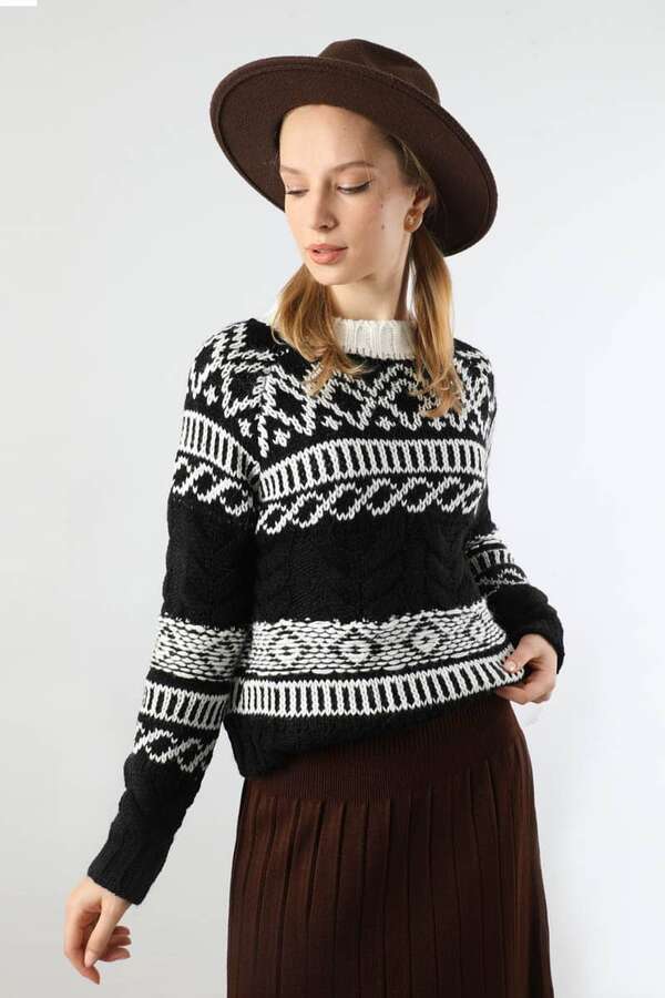 Desenli Kısa Kazak Siyah - 1