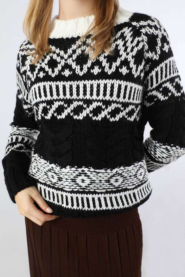 Desenli Kısa Kazak Siyah - 3