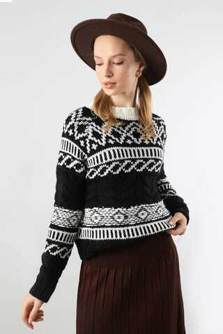 Desenli Kısa Kazak Siyah - 1