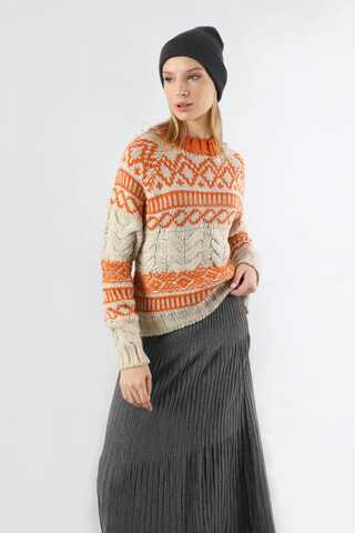 Desenli Kısa Kazak Turuncu - 1