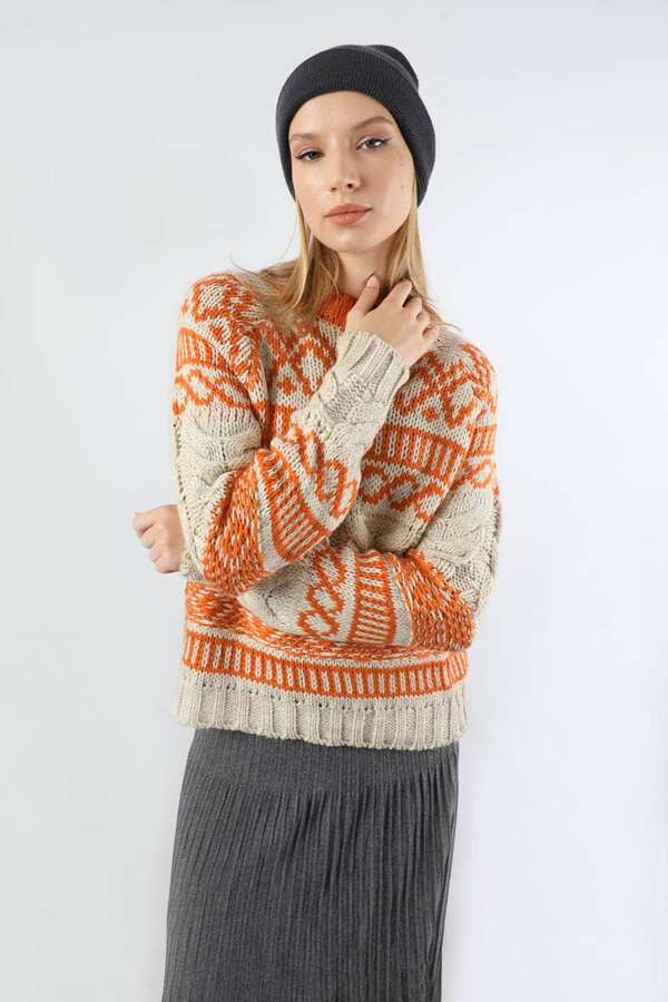 Desenli Kısa Kazak Turuncu - 2