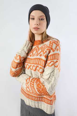 Desenli Kısa Kazak Turuncu - 4