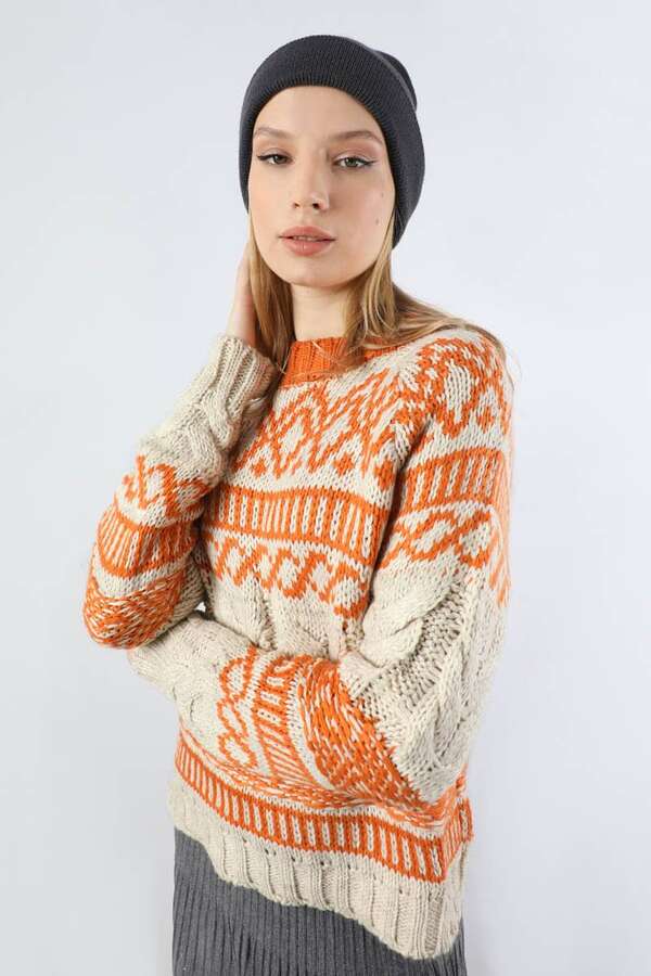 Desenli Kısa Kazak Turuncu - 4