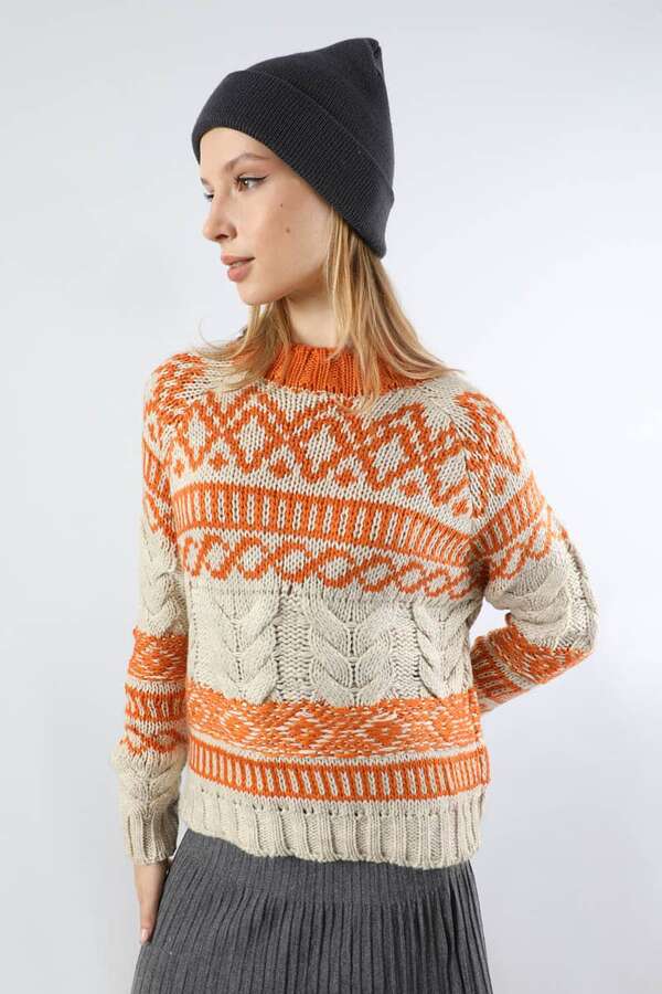 Desenli Kısa Kazak Turuncu - 5