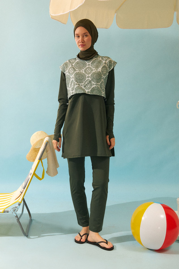 Desenli Klasik Tesettür Mayo Haki 