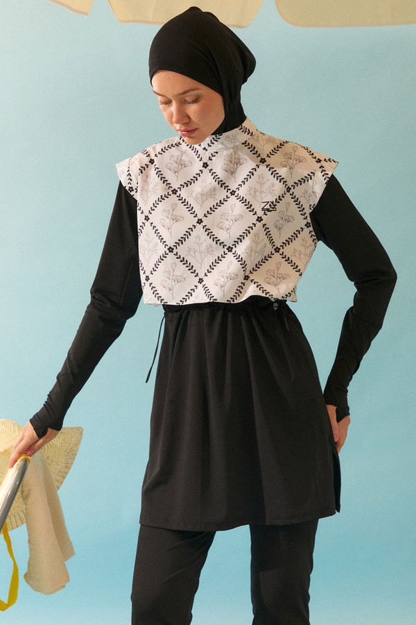 Desenli Klasik Tesettür Mayo Siyah - 3