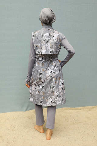 Desenli Yelekli Tesettür Mayo Gri - 5