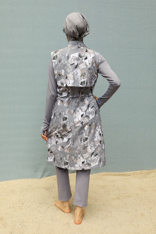 Desenli Yelekli Tesettür Mayo Gri - 5