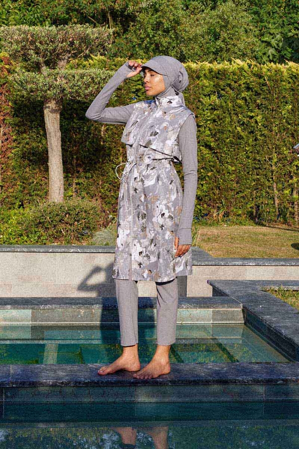 Desenli Yelekli Tesettür Mayo Gri - 2