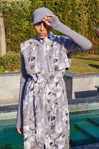 Desenli Yelekli Tesettür Mayo Gri - 3