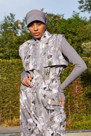 Desenli Yelekli Tesettür Mayo Gri - 1