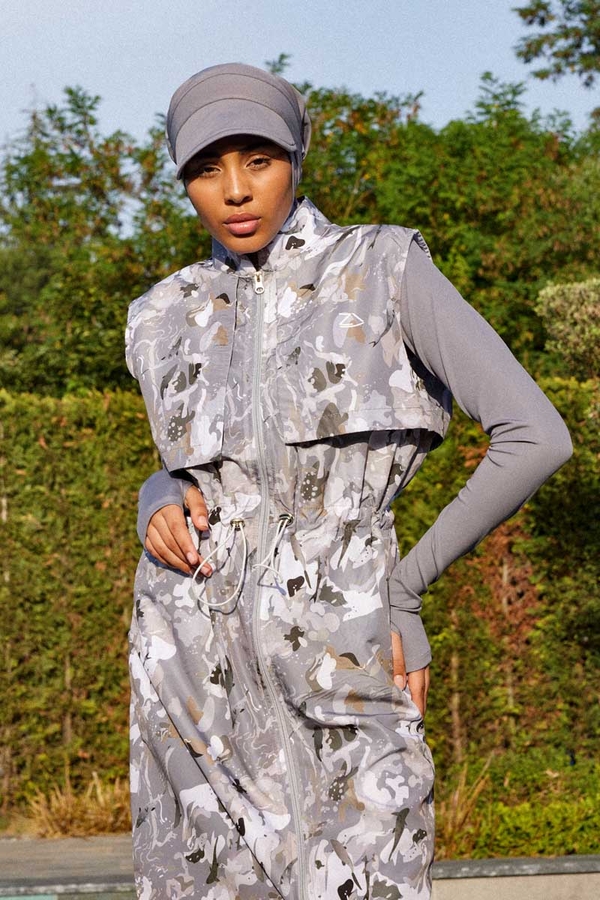 Desenli Yelekli Tesettür Mayo Gri 