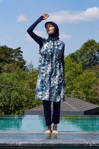 Desenli Yelekli Tesettür Mayo Mavi - 1