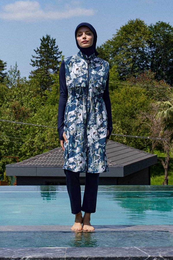 Desenli Yelekli Tesettür Mayo Mavi - 3