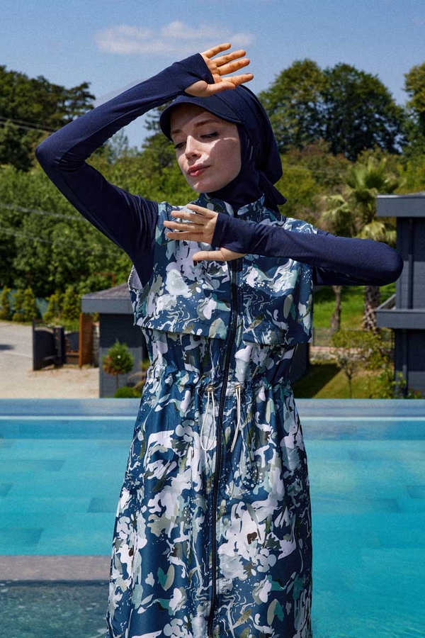 Desenli Yelekli Tesettür Mayo Mavi - 6