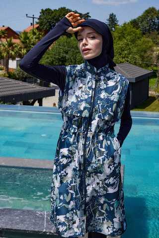 Desenli Yelekli Tesettür Mayo Mavi - 2