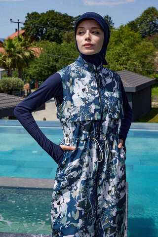 Desenli Yelekli Tesettür Mayo Mavi - 4