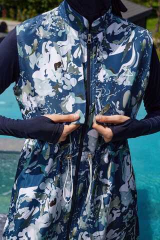 Desenli Yelekli Tesettür Mayo Mavi - 5