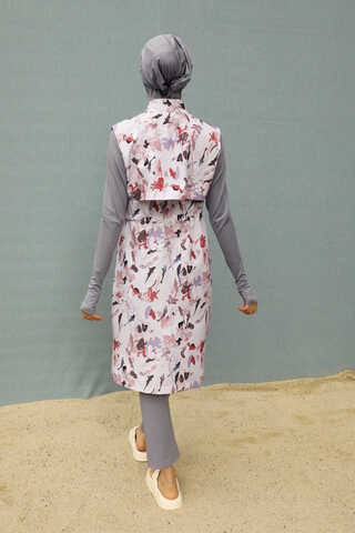 Desenli Yelekli Tesettür Mayo Pudra - 7