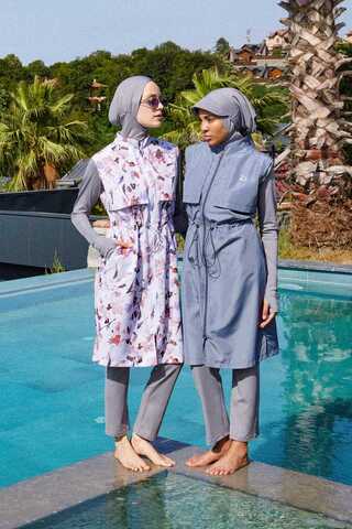 Desenli Yelekli Tesettür Mayo Pudra - 1