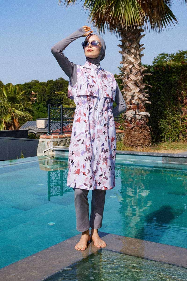 Desenli Yelekli Tesettür Mayo Pudra - 4