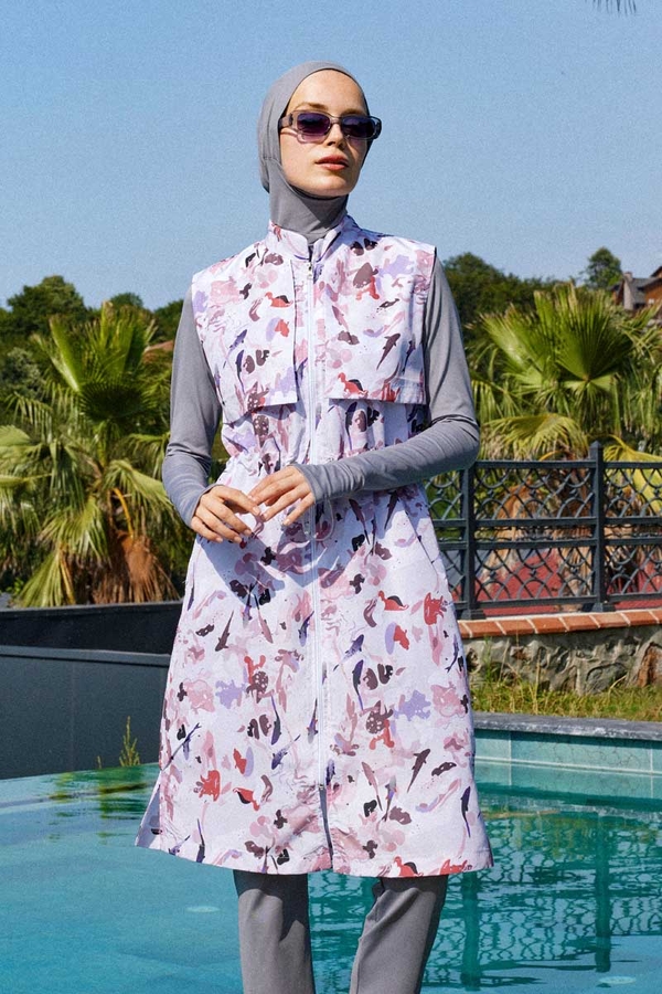 Desenli Yelekli Tesettür Mayo Pudra - 2