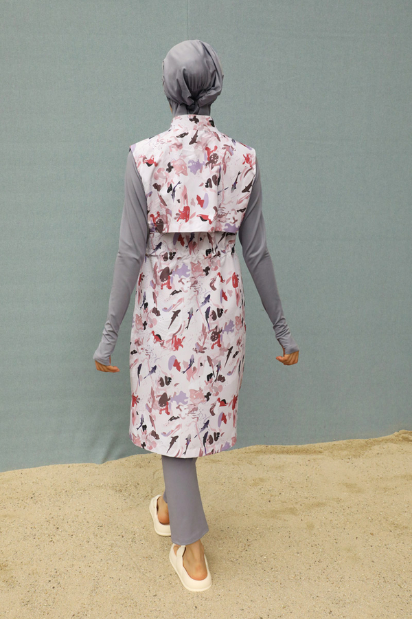 Desenli Yelekli Tesettür Mayo Pudra - 7