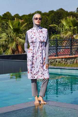 Desenli Yelekli Tesettür Mayo Pudra - 3