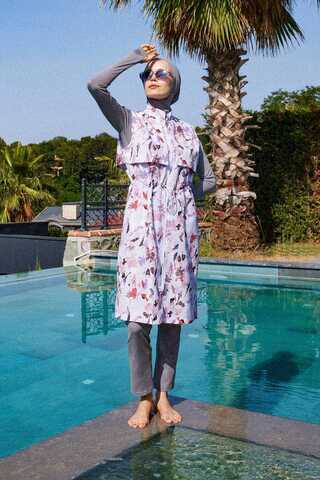 Desenli Yelekli Tesettür Mayo Pudra - 4