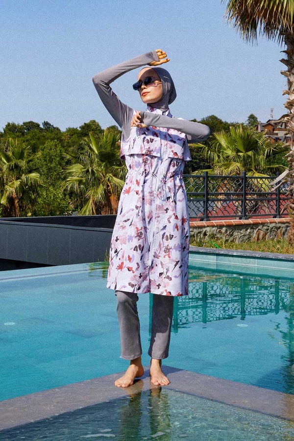 Desenli Yelekli Tesettür Mayo Pudra - 6