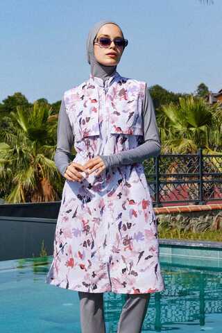 Desenli Yelekli Tesettür Mayo Pudra - 2