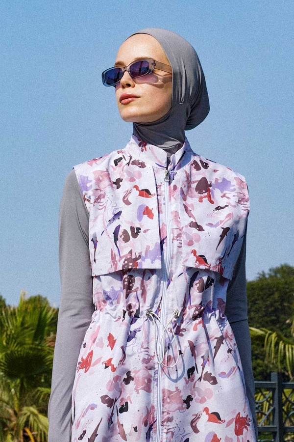 Desenli Yelekli Tesettür Mayo Pudra - 5