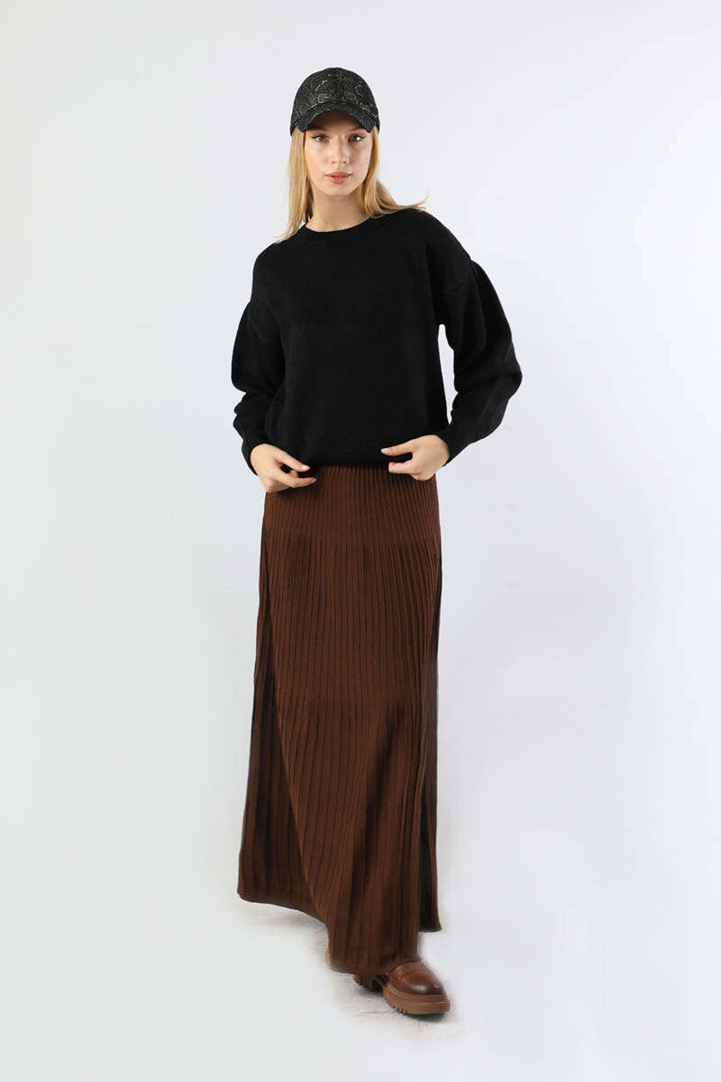 Dik Pileli Triko Etek Kahve