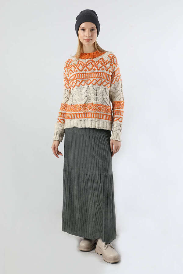 Dik Pileli Triko Etek Koyu Gri - 1