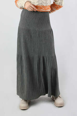 Dik Pileli Triko Etek Koyu Gri - 3