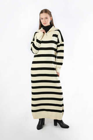 Dik Yaka Çizgili Triko Elbise Krem - 1