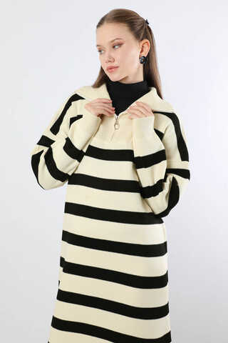 Dik Yaka Çizgili Triko Elbise Krem - 2