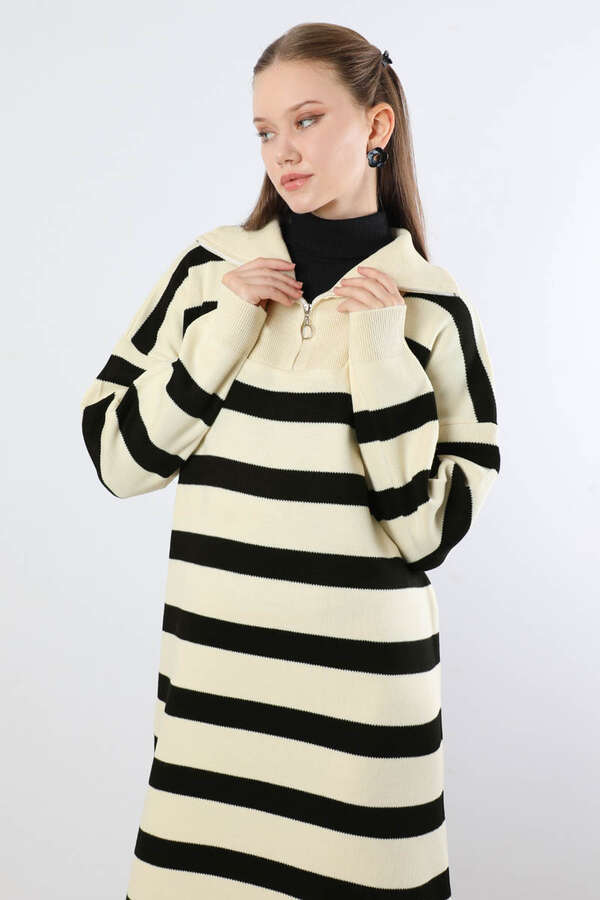 Dik Yaka Çizgili Triko Elbise Krem - 2