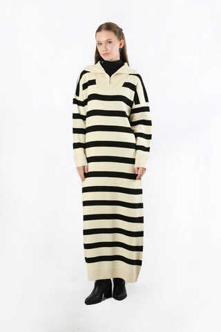 Dik Yaka Çizgili Triko Elbise Krem - 3