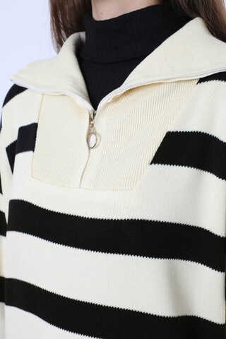 Dik Yaka Çizgili Triko Elbise Krem - 4